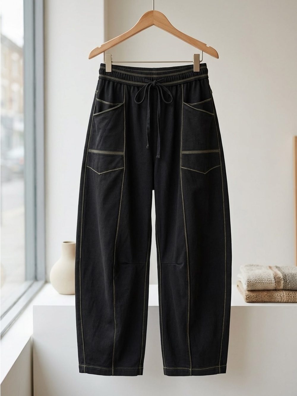 Black Wide-Leg Stitch-Detail Pants